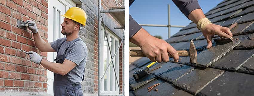 Two tradesmen at a residential property, one repairing a roof tile and the other performing brickwork, demonstrating building maintenance and repair tasks.