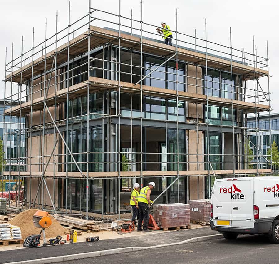 Commercial office building under construction, showcasing professional building and refurbishment services.