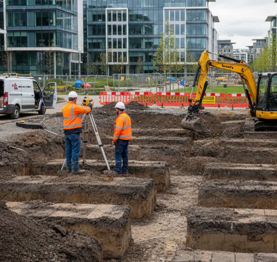 Commercial enabling works in Newbury, Berkshire, showing groundwork, site preparation, and excavation for construction projects.